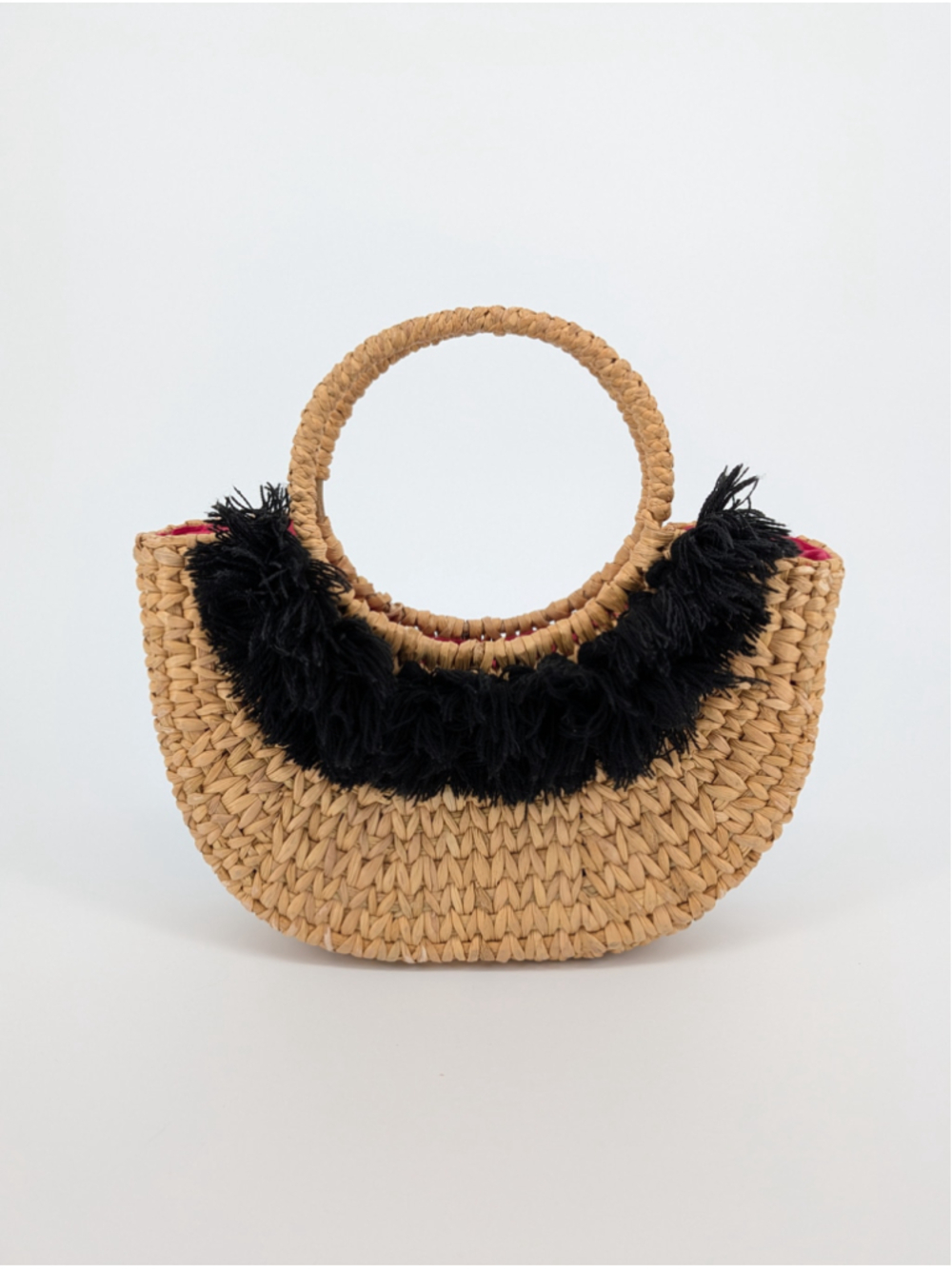 VENUS Bamboo Grass Woven Top Handle Bag Black Fringe Boho Beach Purse